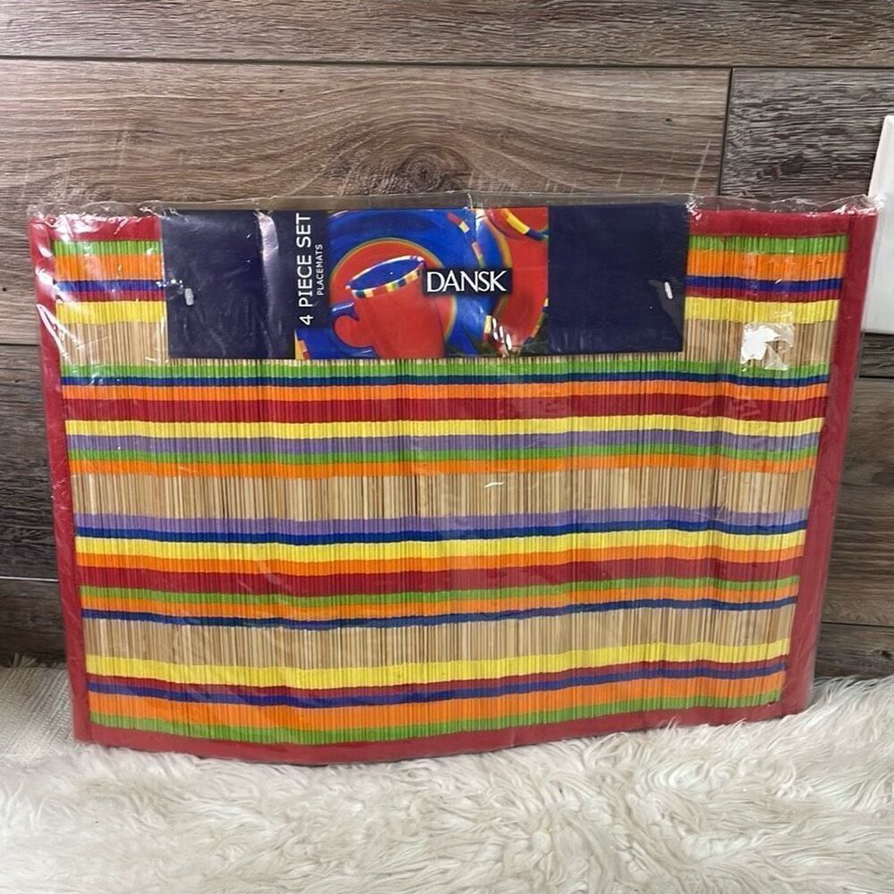Dansk Antigua Stripe Rainbow Color New NIP 4 Piece Set Placemats Bamboo Cotton